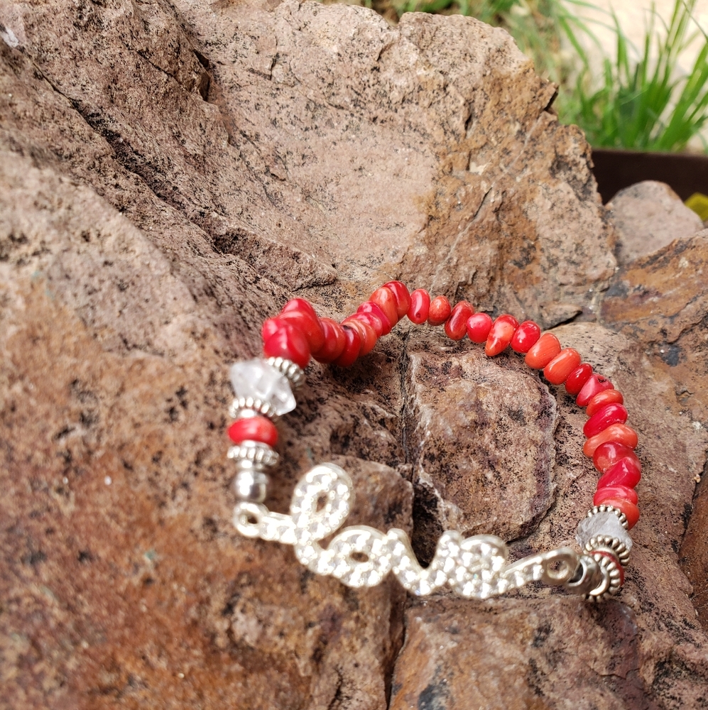 Red coral and Herkimer diamond bracelet